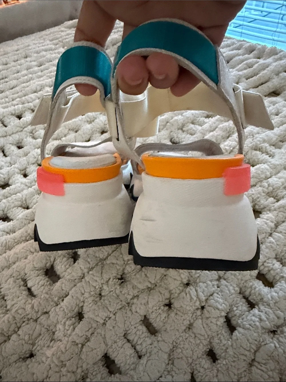 Sorel White Sandal with Orange and Teal Accents
